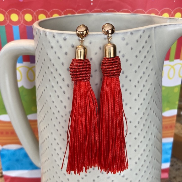 NEW! BOHO Red & Gold Fringe Tassel Earrings - Picture 2 of 16